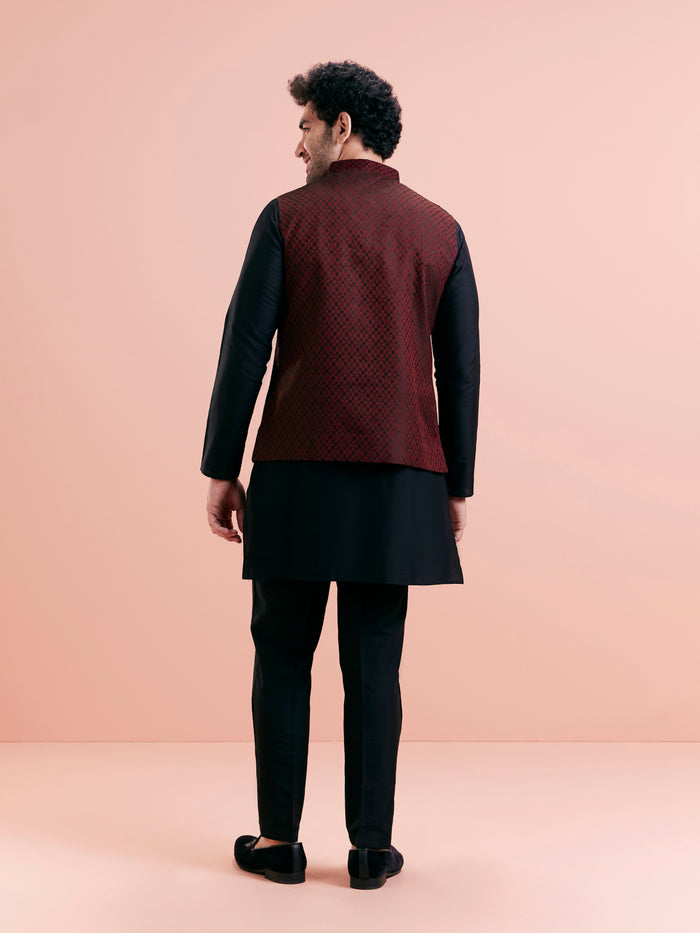 Maroon Silk Blend Jacquard Nehru Jacket