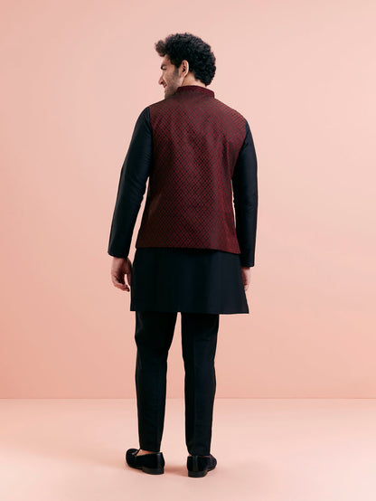 Maroon Silk Blend Jacquard Nehru Jacket