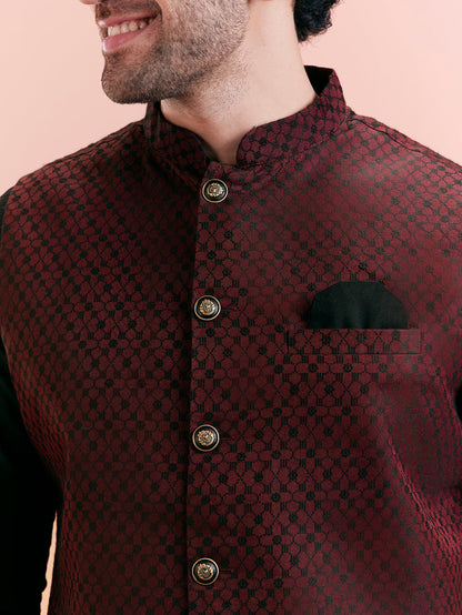 Maroon Silk Blend Jacquard Nehru Jacket