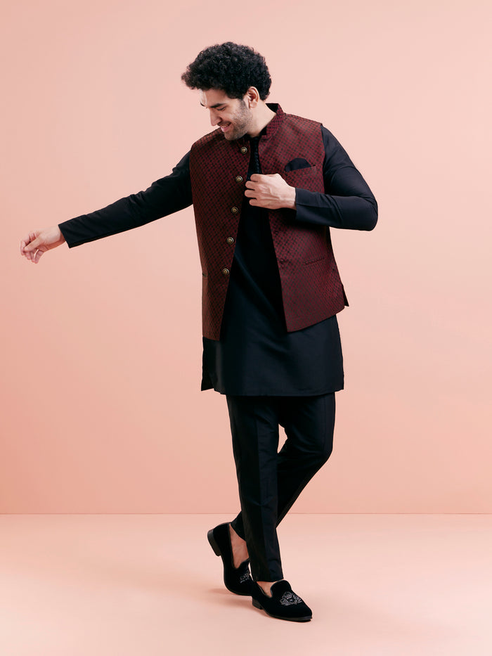 Maroon Silk Blend Jacquard Nehru Jacket