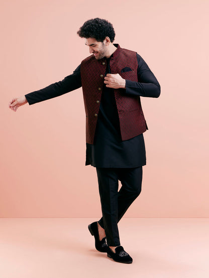 Maroon Silk Blend Jacquard Nehru Jacket