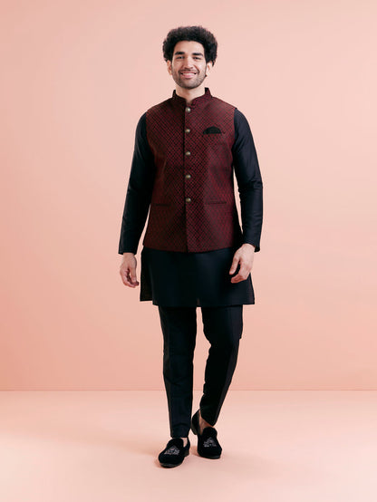 Maroon Silk Blend Jacquard Nehru Jacket