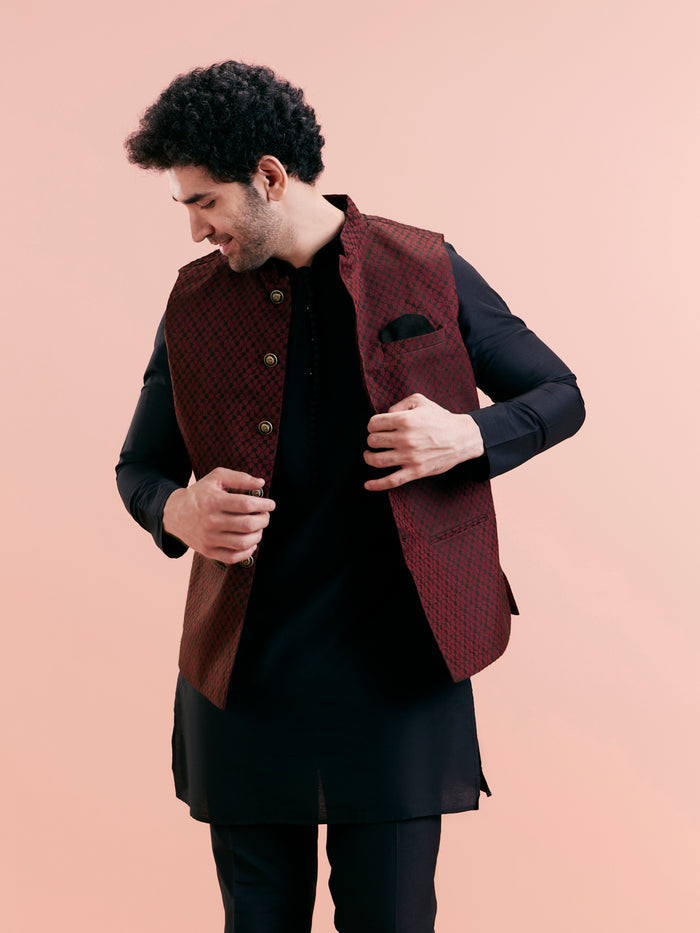 Maroon Silk Blend Jacquard Nehru Jacket