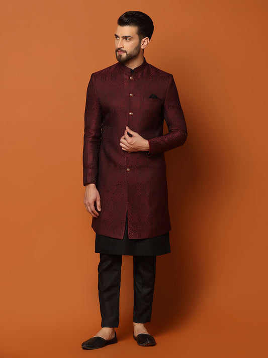 Maroon Silk Blend Woven Sherwani Kurta Trouser Set