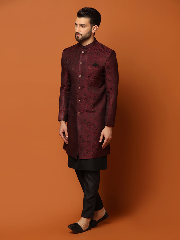 Maroon Silk Blend Woven Sherwani Kurta Trouser Set