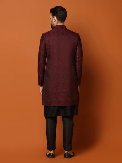 Maroon Silk Blend Woven Sherwani Kurta Trouser Set