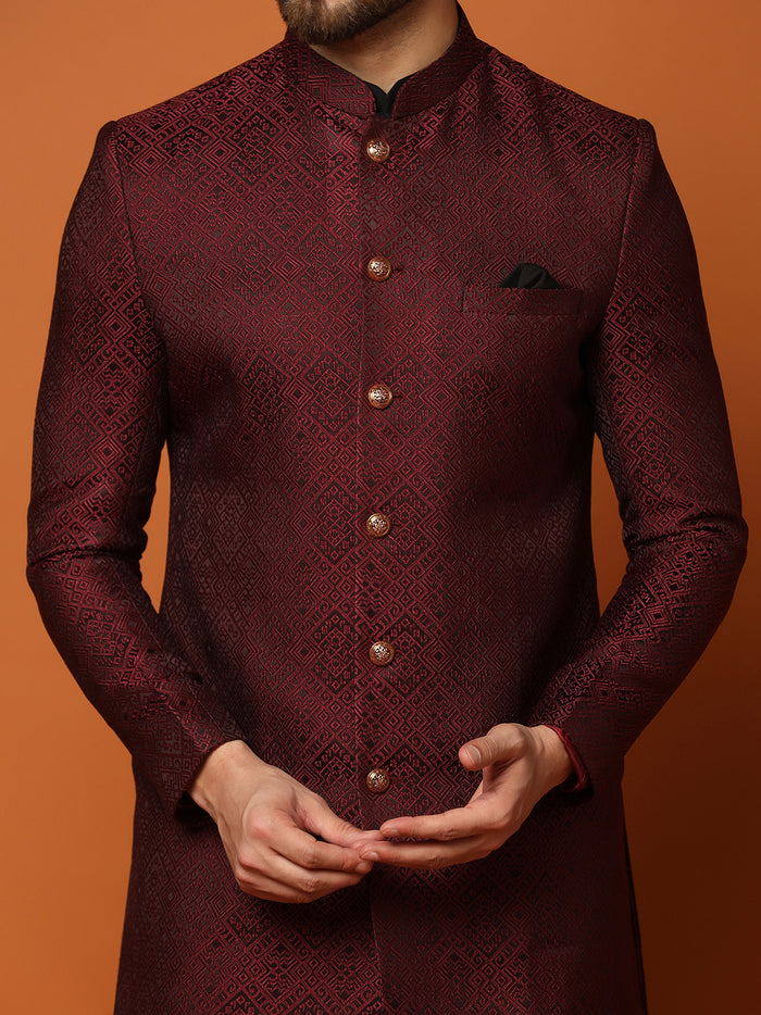 Maroon Silk Blend Woven Sherwani Kurta Trouser Set