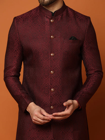 Maroon Silk Blend Woven Sherwani Kurta Trouser Set