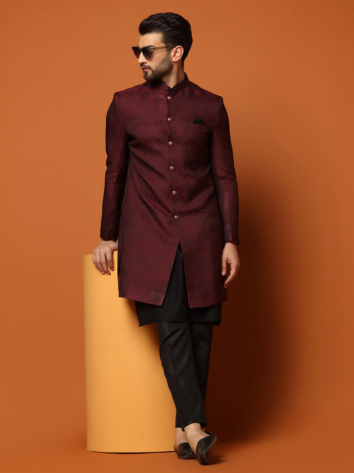 Maroon Silk Blend Woven Sherwani Kurta Trouser Set