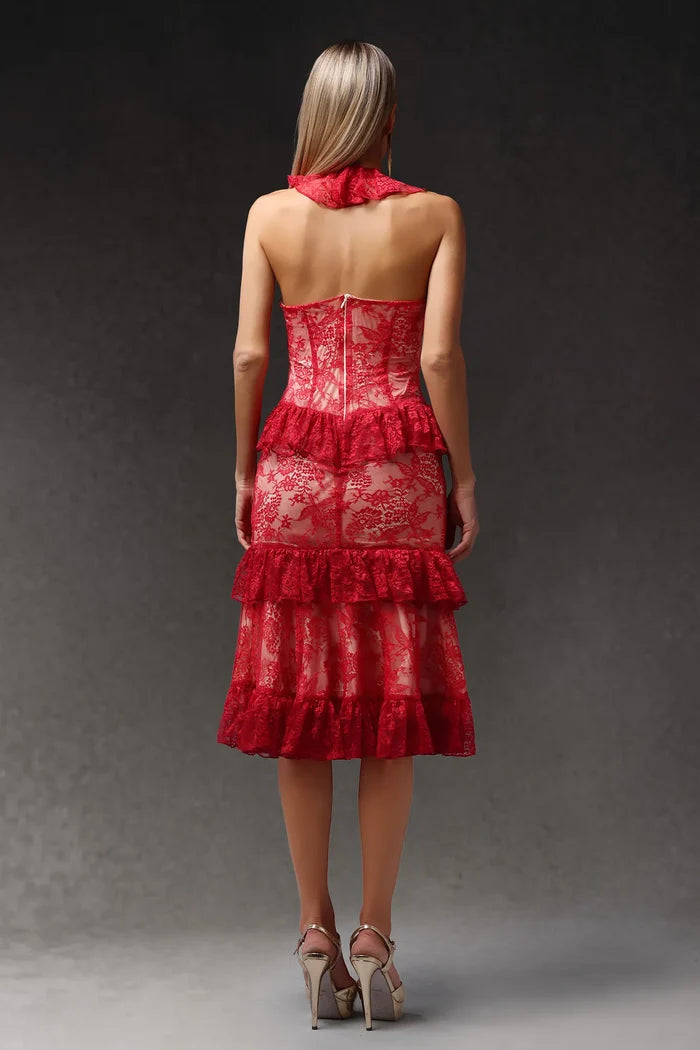 Megan Ruffled Lace Midi Dress