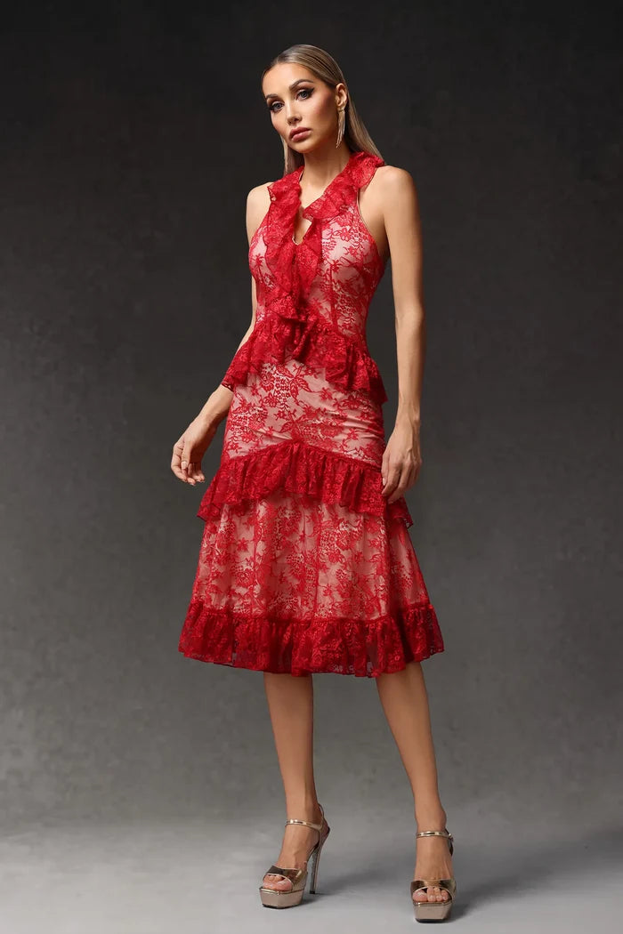 Megan Ruffled Lace Midi Dress
