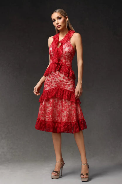Megan Ruffled Lace Midi Dress