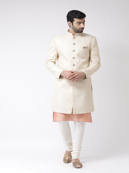 Men Beige Textured Kurta Indowestern Churidar Set