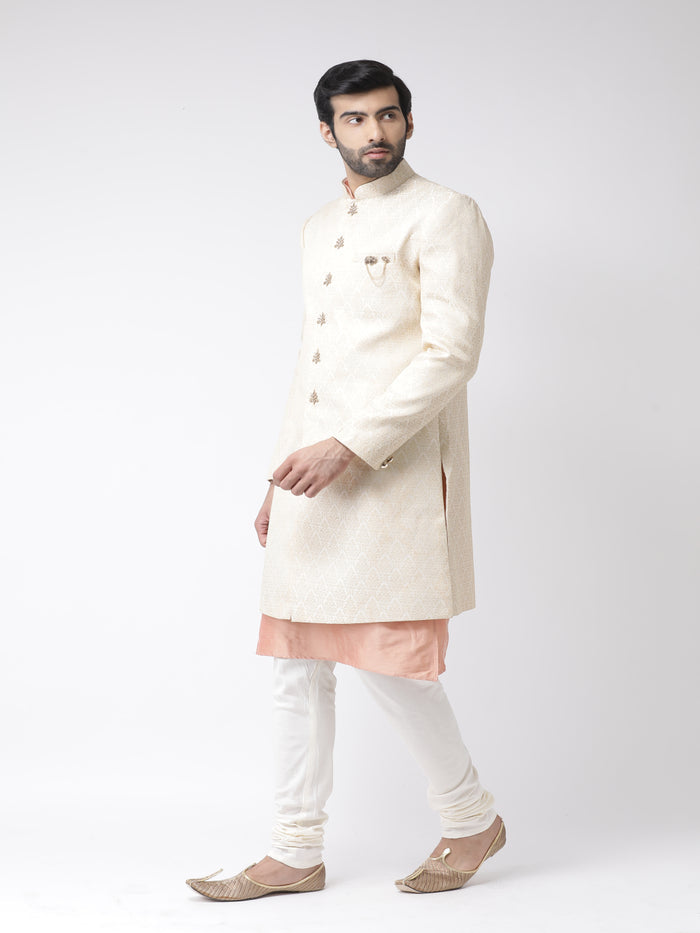 Men Beige Textured Kurta Indowestern Churidar Set