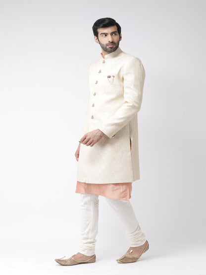 Men Beige Textured Kurta Indowestern Churidar Set