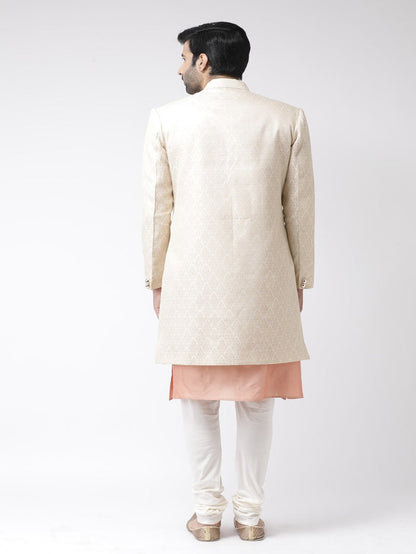 Men Beige Textured Kurta Indowestern Churidar Set
