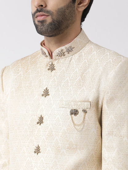 Men Beige Textured Kurta Indowestern Churidar Set