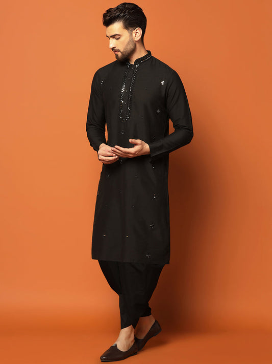 Men Black Embellished Mirror Work Kurta Dhoti Set