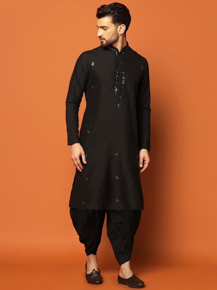 Men Black Embellished Mirror Work Kurta Dhoti Set