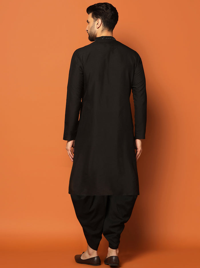 Men Black Embellished Mirror Work Kurta Dhoti Set