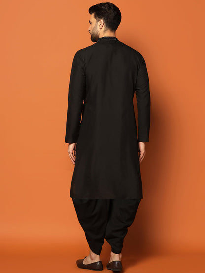 Men Black Embellished Mirror Work Kurta Dhoti Set