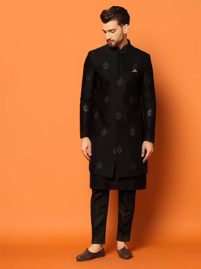 Men Black Embroidered Kurta Indowestern Churidar Set