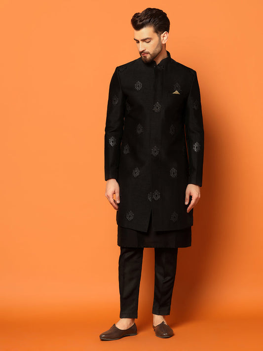 Men Black Embroidered Kurta Indowestern Churidar Set
