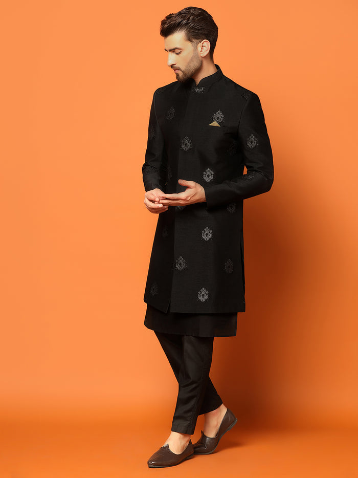 Men Black Embroidered Kurta Indowestern Churidar Set