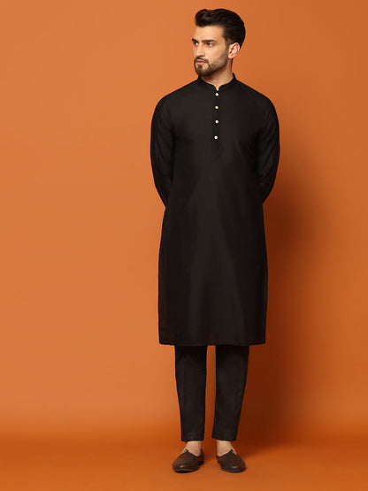 Men Black Embroidered Kurta Indowestern Churidar Set