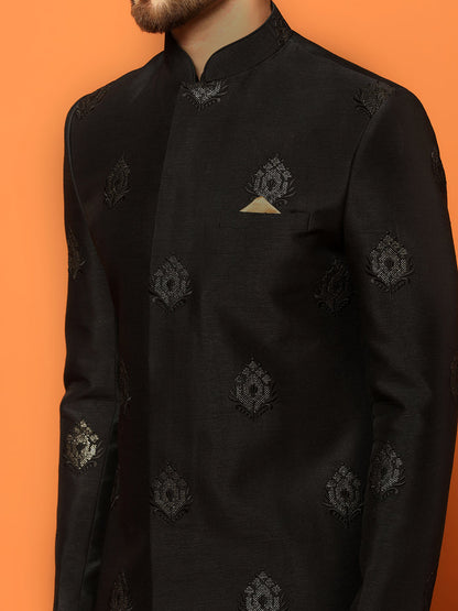 Men Black Embroidered Kurta Indowestern Churidar Set