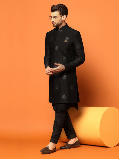 Men Black Embroidered Kurta Indowestern Churidar Set