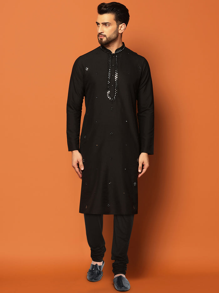 Men Black Mirror Work Elegant Festive Kurta Churidar Set