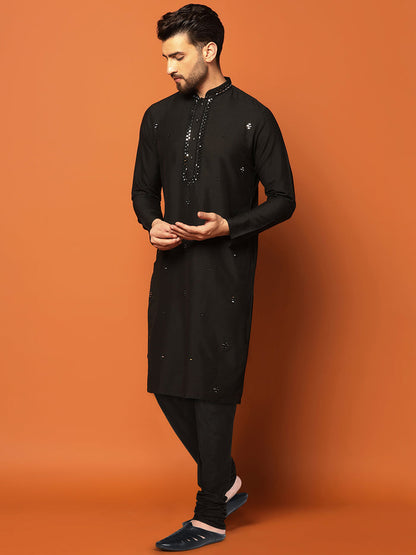 Men Black Mirror Work Elegant Festive Kurta Churidar Set