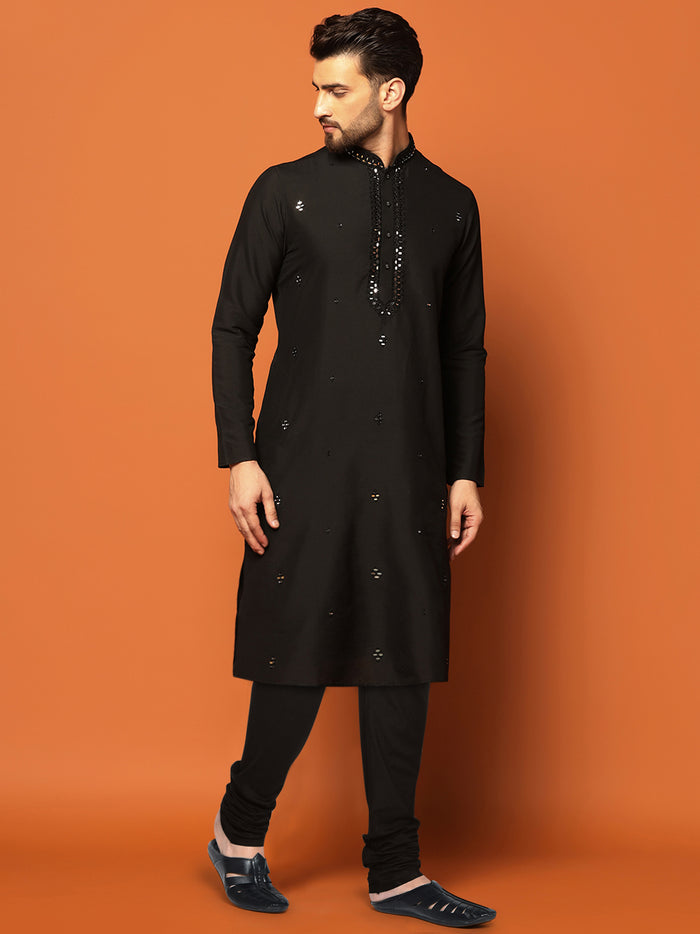 Men Black Mirror Work Elegant Festive Kurta Churidar Set