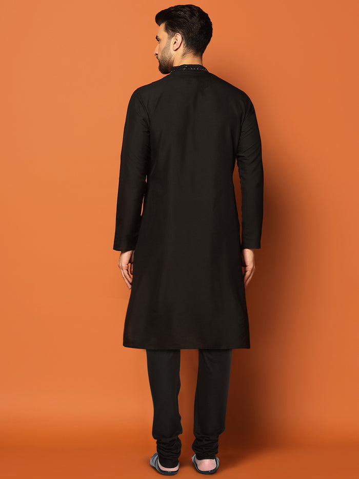 Men Black Mirror Work Elegant Festive Kurta Churidar Set