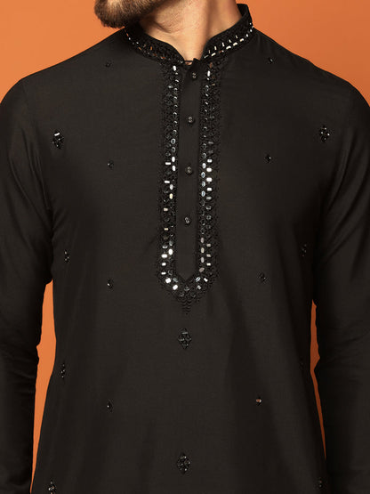 Men Black Mirror Work Elegant Festive Kurta Churidar Set
