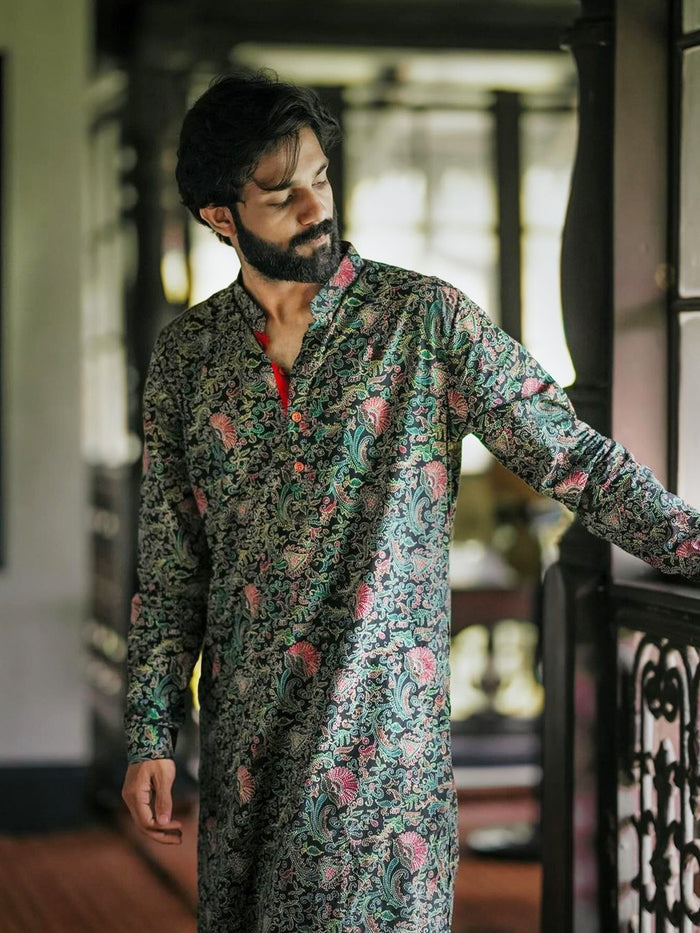 Men Black Multi-Color Paisley Printed Kurta Dhoti Set â€“ Elegant Festive Wear