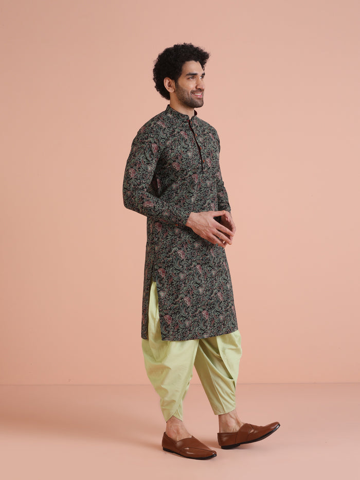 Men Black Multi-Color Paisley Printed Kurta Dhoti Set â€“ Elegant Festive Wear