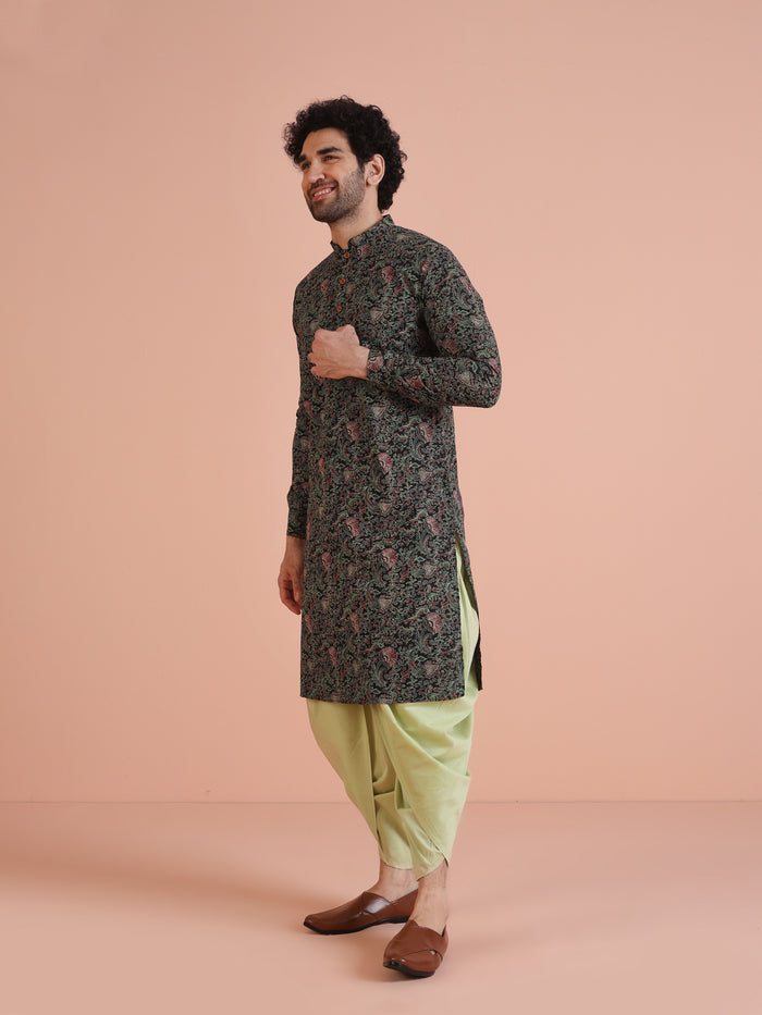 Men Black Multi-Color Paisley Printed Kurta Dhoti Set â€“ Elegant Festive Wear