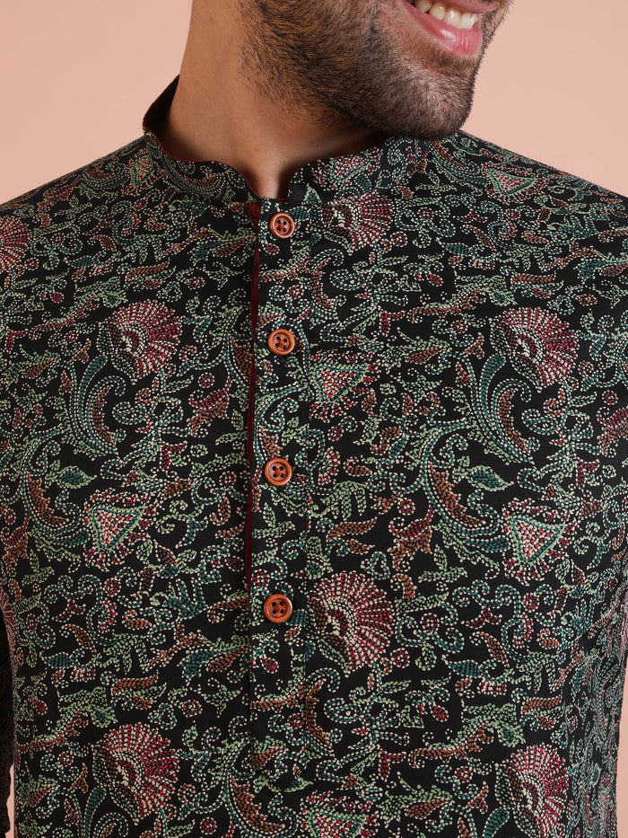 Men Black Multi-Color Paisley Printed Kurta Dhoti Set â€“ Elegant Festive Wear