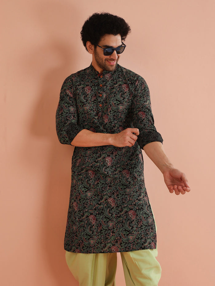 Men Black Multi-Color Paisley Printed Kurta Dhoti Set â€“ Elegant Festive Wear