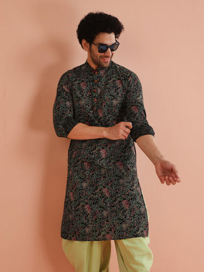 Men Black Multi-Color Paisley Printed Kurta Dhoti Set â€“ Elegant Festive Wear