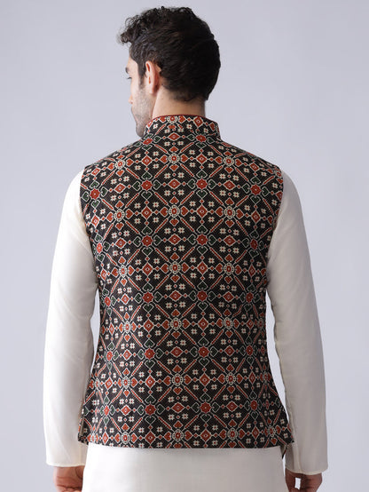 Men Black Printed Nehru Jacket