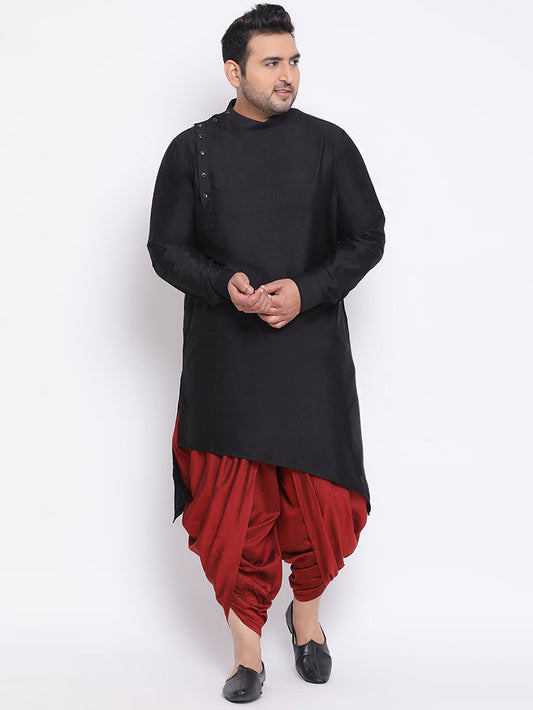 Men Black Solid Asymmetrical Kurta Dhoti Set