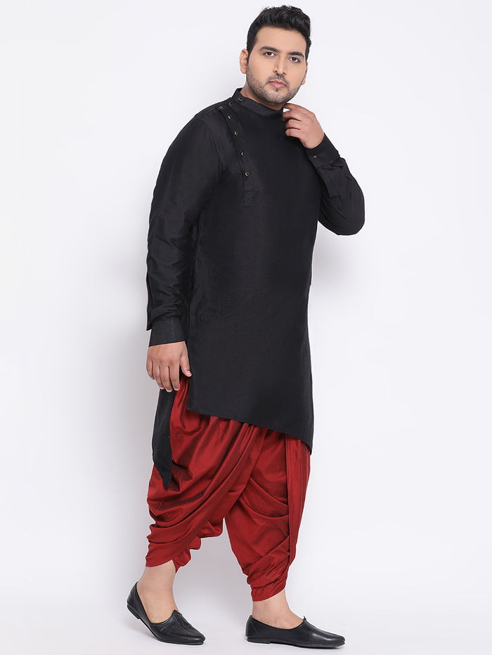 Men Black Solid Asymmetrical Kurta Dhoti Set