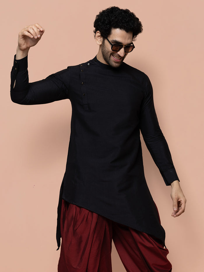 Men Black Solid Asymmetrical Kurta