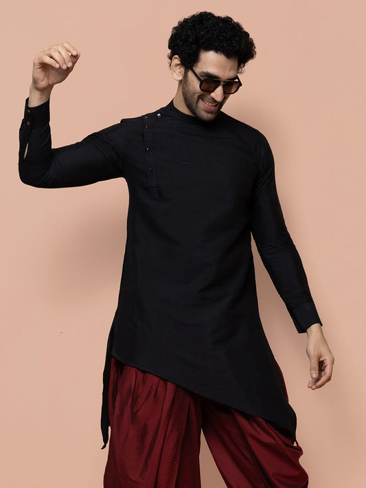 Men Black Solid Asymmetrical Kurta
