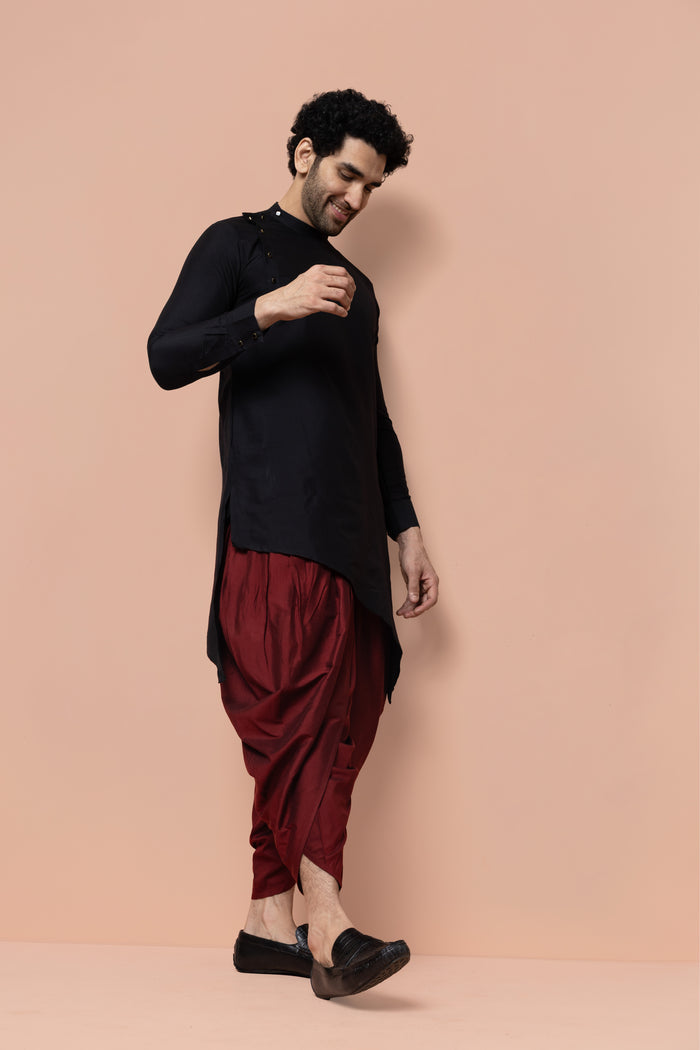 Men Black Solid Asymmetrical Kurta