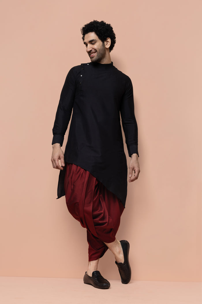 Men Black Solid Asymmetrical Kurta