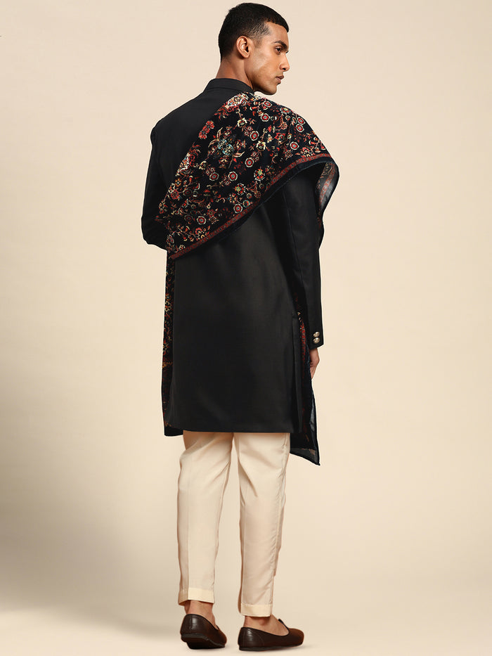 Men Black Solid Indowestern Trouser with Dupatta Set